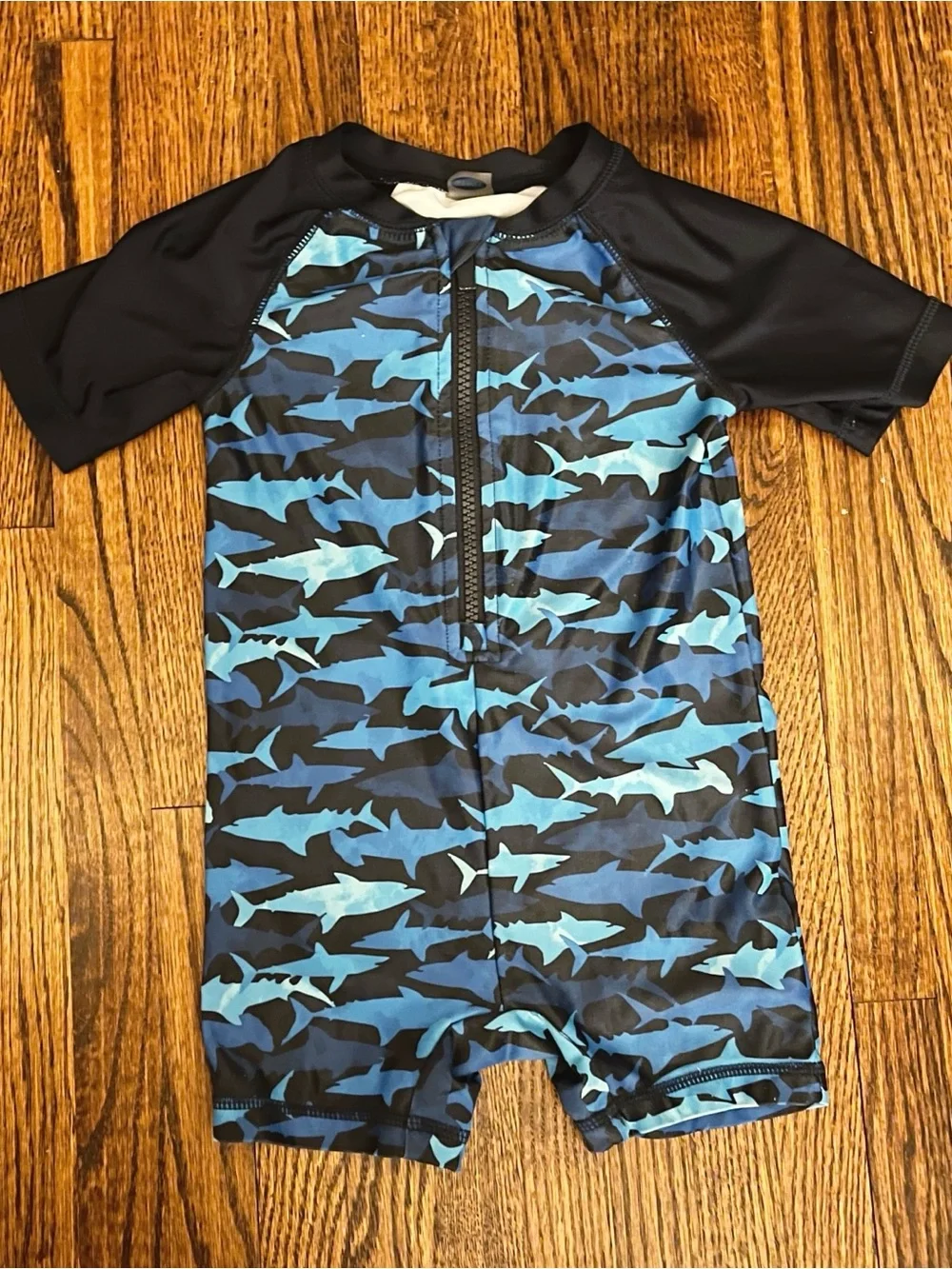 Old Navy Boys Swim Set - Blue Shark Print One-Piece and Dinosaur Rash Guard